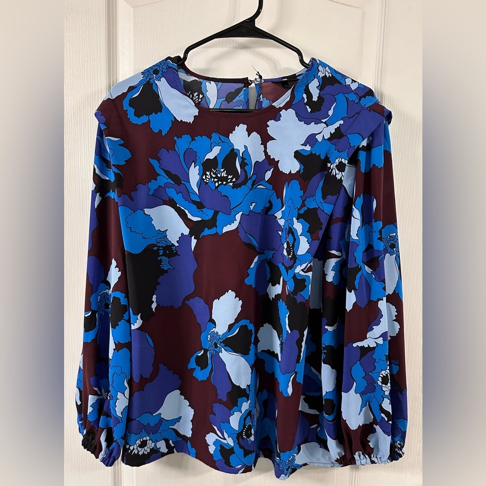 NWT Floral Puff Sleeve Blouse | Blue/Burgundy | Large